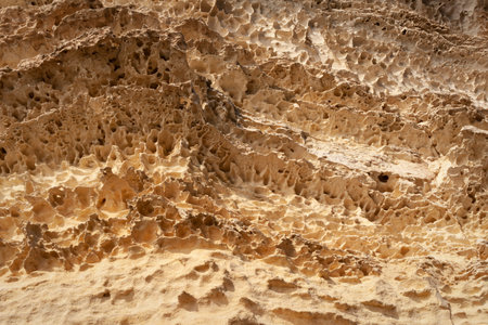Surface sandy rock. Rocky shore of the Caspian Sea.