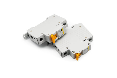 Electric circuit breakers. Close-up. Isolated on white background.の写真素材