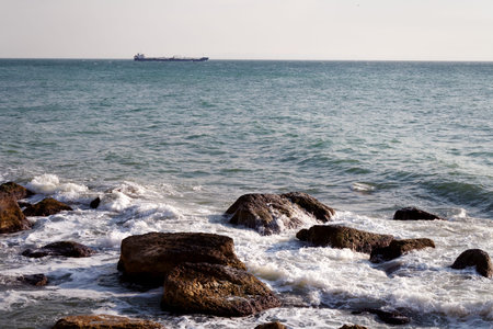 Rocky shore of the Caspian Sea. 09 October 2019 year. Kazakhstan Mangistau region.