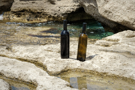 Two bottles of wine on the rocky shore of the Caspian Sea.の写真素材