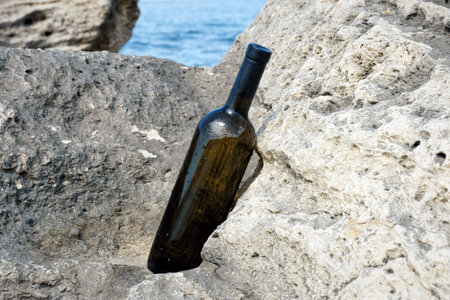 Bottle of wine on the rocky shore of the Caspian Sea.の写真素材