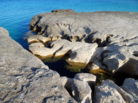 Rocky shore of the Caspian Sea. Cape Sagyndyk. Kazakhstan. Mangistau region. 13 June 2023 year.の写真素材