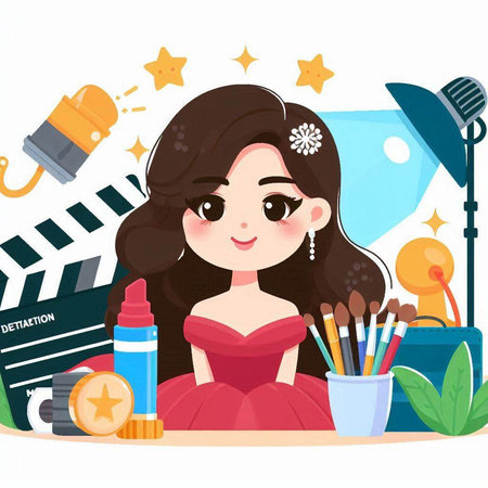 Cute girl with makeup accessories. Vector illustration in cartoon style.のイラスト素材
