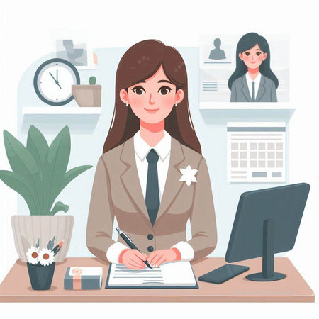Young business woman sitting at the desk in office. Vector illustration.のイラスト素材