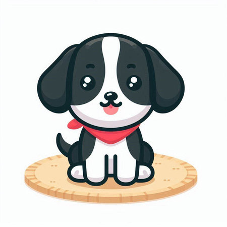 Cute cartoon dog sitting on a wooden plate. Vector illustration.のイラスト素材