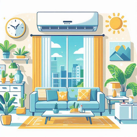 Air conditioner and living room interior. Flat style vector illustration.のイラスト素材