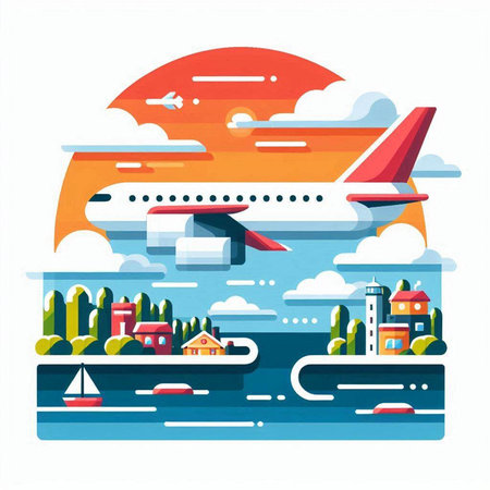 Airplane flying over the sea. Vector illustration in flat style.のイラスト素材
