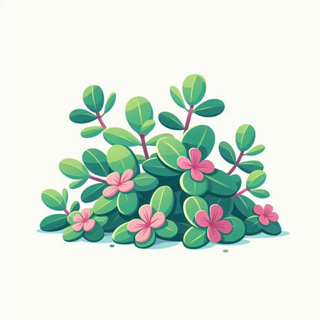 Illustration of a green plant with pink flowers and green leaves.のイラスト素材