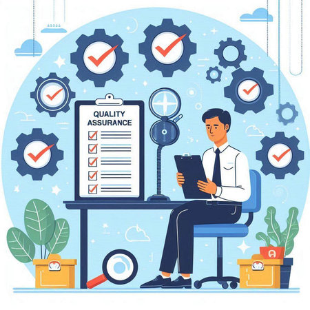 Quality control concept. Businessman sitting on chair in office and holding clipboard with checklist. Vector illustration in flat styleのイラスト素材