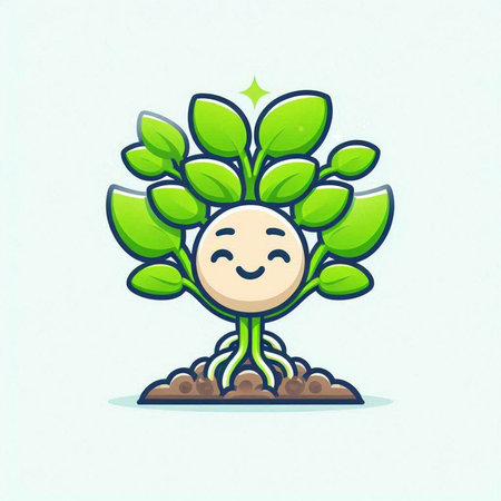 Cute cartoon tree character with green leaves and roots. Vector illustration.のイラスト素材