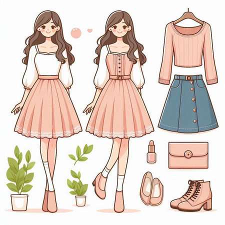 Fashionable girl in a pink dress. Set of clothes. Vector illustration.のイラスト素材