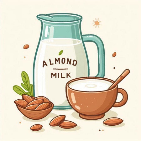 Almond milk in a glass jug and bowl. Vector illustration.のイラスト素材