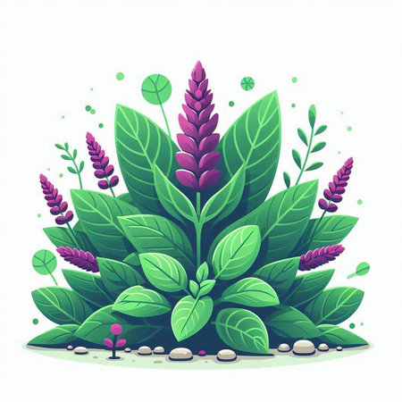 Vector illustration of a green plant with purple flowers on a white backgroundのイラスト素材
