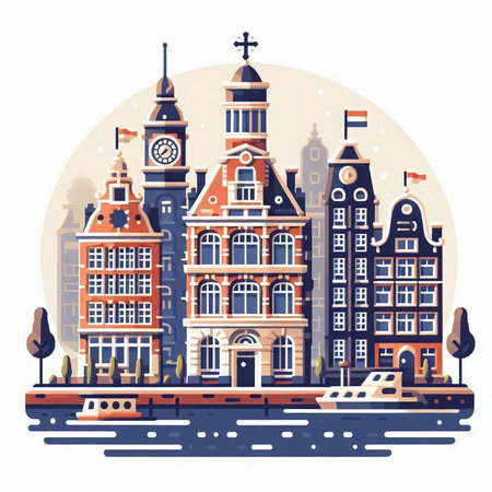 Amsterdam, Netherlands. Vector illustration in flat style. Cityscape.のイラスト素材