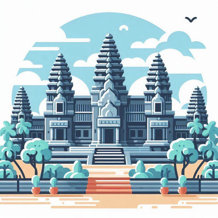 Thai temple. Vector illustration in flat style. Landscape with temple, trees, sky and clouds.のイラスト素材