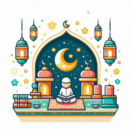 Ramadan Kareem greeting card with mosque and lanterns. Vector illustrationのイラスト素材