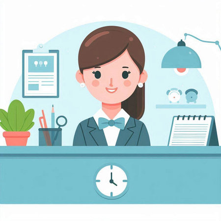 Young business woman at the reception desk. Vector illustration in flat style.のイラスト素材