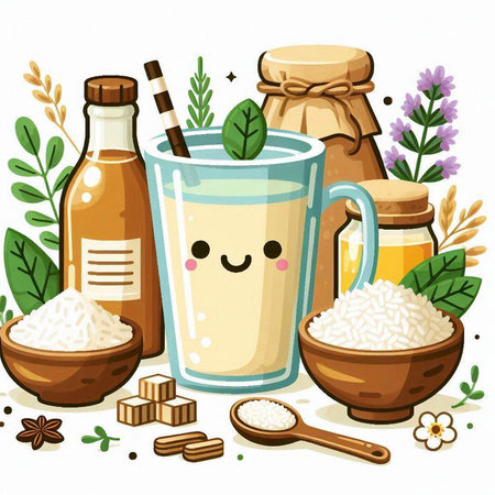 Vector illustration of a healthy breakfast. Milk, rice, honey, milk, yogurt.のイラスト素材