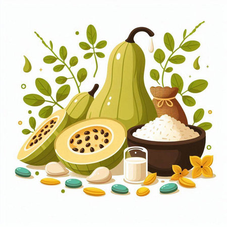 Papaya and ingredients for cooking. Hand drawn vector illustration.のイラスト素材