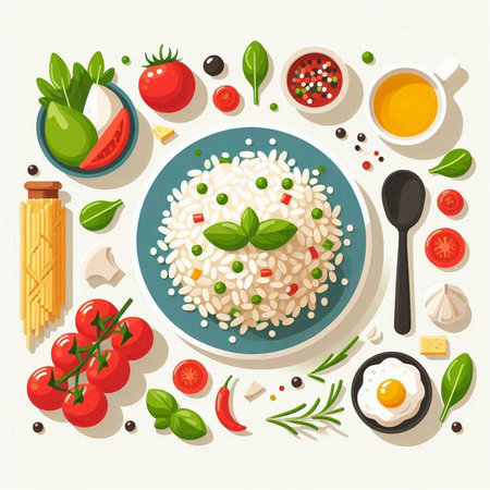 Risotto with ingredients for cooking. Top view. Vector illustrationのイラスト素材