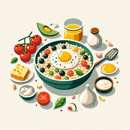 Vector illustration of oatmeal porridge with fried egg and vegetables in bowlのイラスト素材