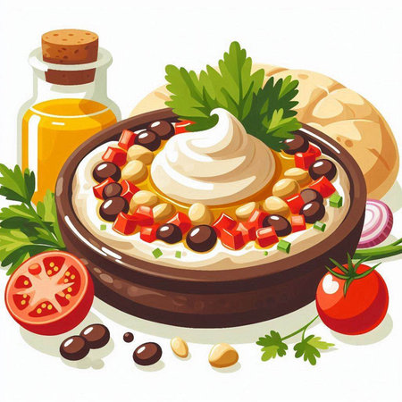 Illustration of a bowl of hummus with olives and tomatoのイラスト素材