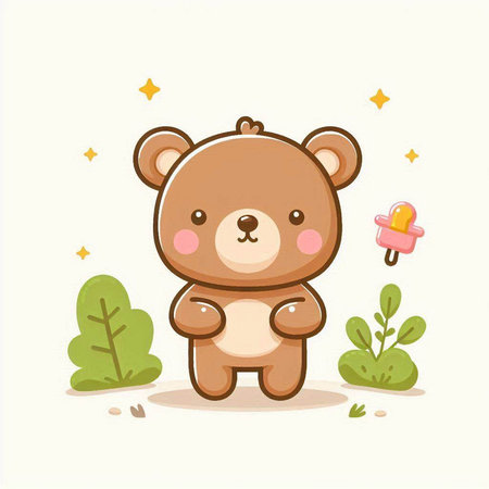 Cute teddy bear with ice cream in the park. Vector illustration.のイラスト素材