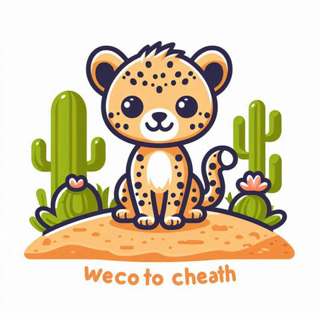 Cute cartoon cheetah sitting on the sand. Vector illustrationのイラスト素材