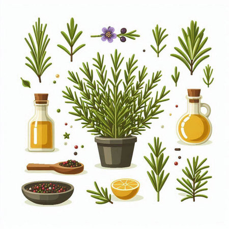 Herbs and spices. Vector illustration of rosemary, thyme, rosemary, black pepper, lemon, olive oil.のイラスト素材