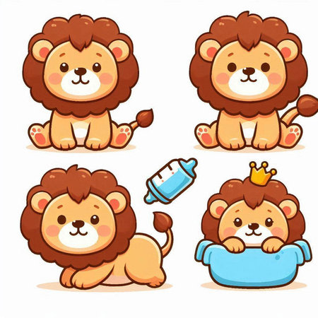 Cute lion cartoon set. Vector illustration isolated on white background.のイラスト素材