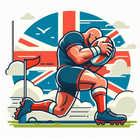 Rugby player in front of the United Kingdom flag. Vector illustration.のイラスト素材