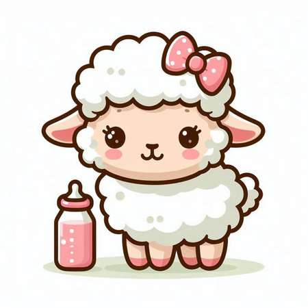 Cute sheep with bottle of milk. Vector illustration isolated on white background.のイラスト素材