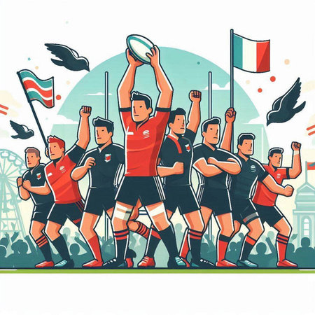 Rugby players action cartoon vector illustration graphic design. Rugby sport backgroundのイラスト素材
