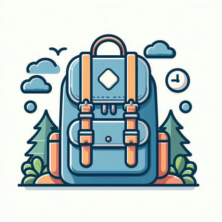 Vector illustration of a backpack in the forest. Backpack icon.のイラスト素材