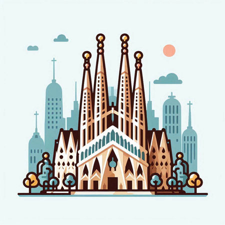 Famous cathedral in Barcelona, Spain. Vector illustration in flat styleのイラスト素材