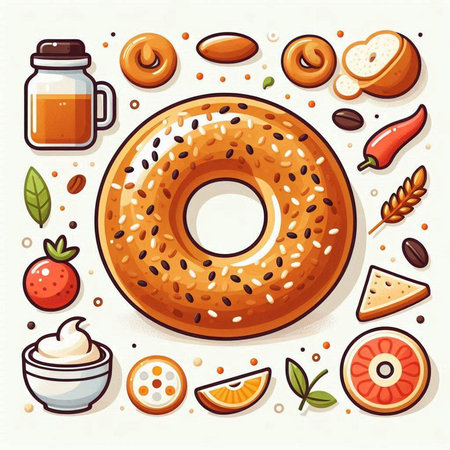 Bagel with various fillings. Vector illustration in cartoon style.のイラスト素材