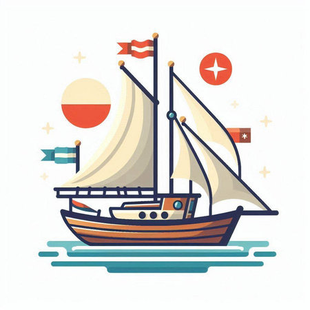 Sailing ship. Vector illustration in flat linear style on white background.のイラスト素材