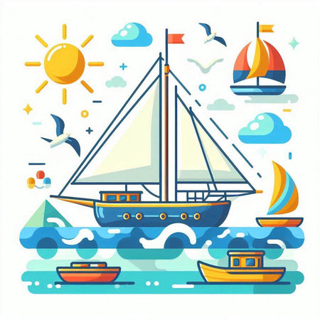 Sailing boat, seagulls and sailboat. Vector illustrationのイラスト素材