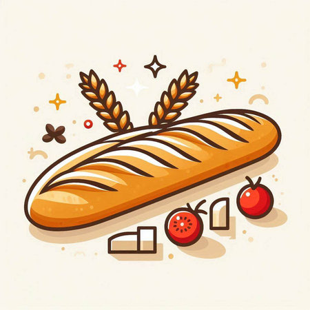 Baguette with wheat ears. Vector illustration in flat style.のイラスト素材