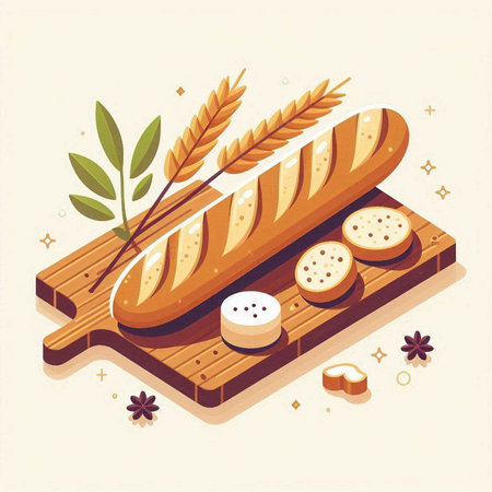 Bread isometric composition with sliced loaf of bread and ingredients on wooden board vector illustrationのイラスト素材