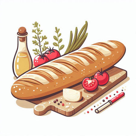 Baguette with tomatoes and mozzarella. Vector illustration.のイラスト素材