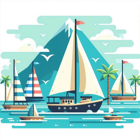 Sailing boats and yachts in the sea. Vector illustrationのイラスト素材