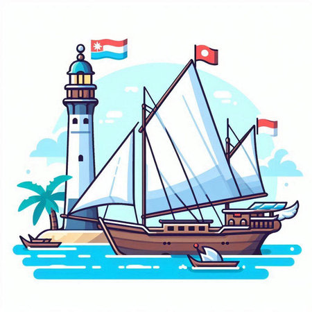 Sailboat on the sea. Vector illustration in flat style.のイラスト素材