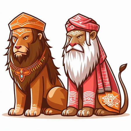 Lion and lioness in indian costume. Vector illustration.のイラスト素材