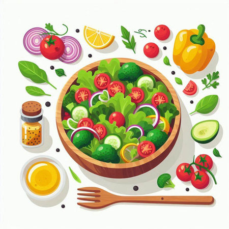 Vegetable salad in bowl. Healthy food. Vector illustration.のイラスト素材