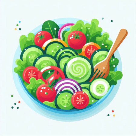Vegetable salad with cucumber, tomato, onion, bell pepper and lettuce in bowl. Vector illustration.のイラスト素材
