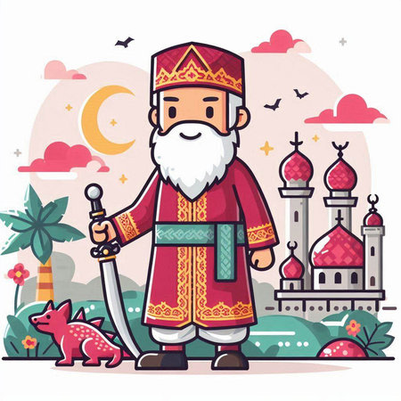 Cartoon vector illustration of Muslim man in traditional costume with katanaのイラスト素材