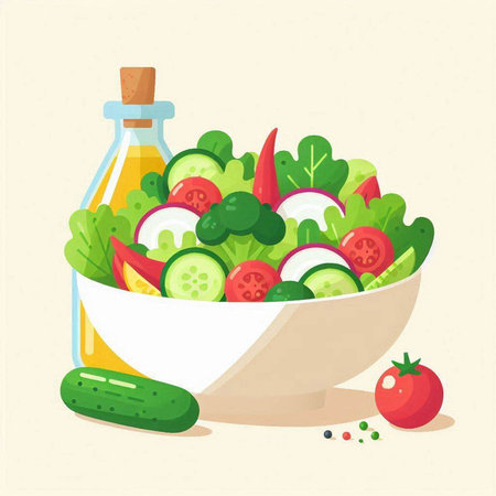 Fresh vegetable salad in a bowl. Vector illustration in flat style.のイラスト素材