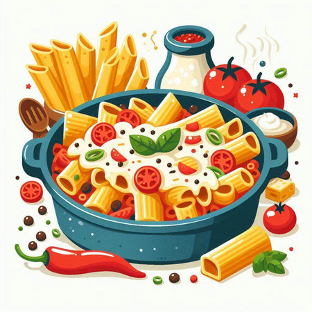 Illustration of penne pasta with tomato sauce, cheese and basil in a frying panのイラスト素材