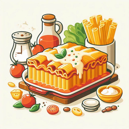 Illustration of lasagna with tomato sauce, basil and mayonnaiseのイラスト素材